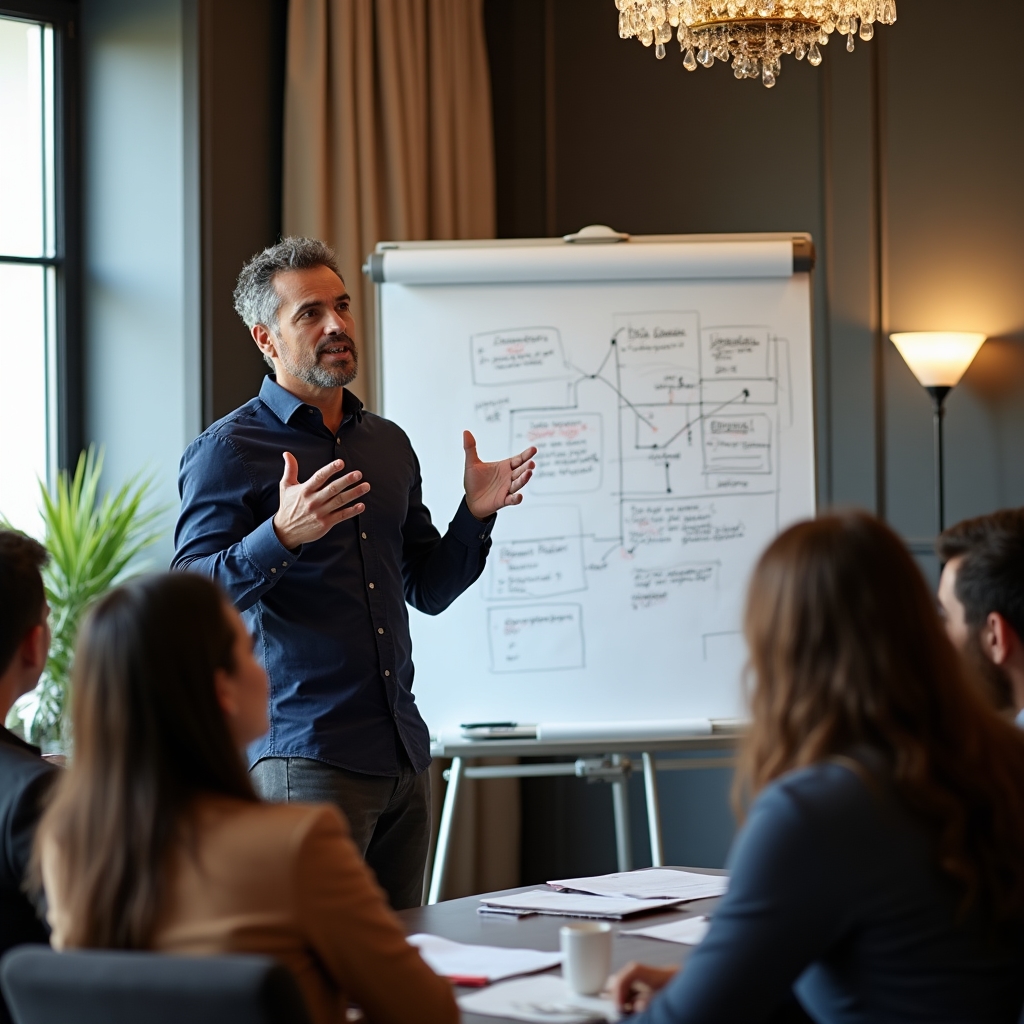 Workshop facilitator standing at a whiteboard explaining payslip deduction categories to a small group