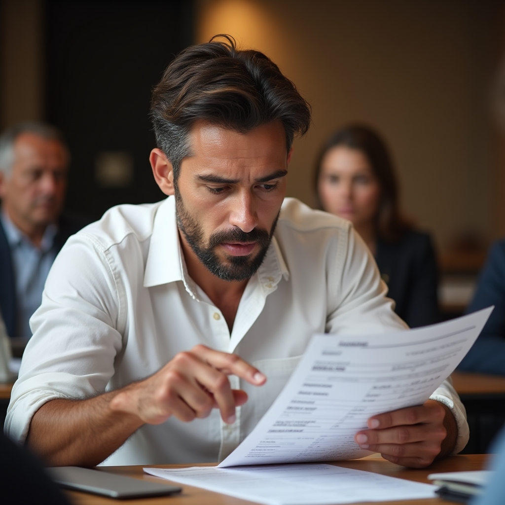 Workshop participant holding a printed payslip, pointing at a specific line, engaged expression, classroom setting