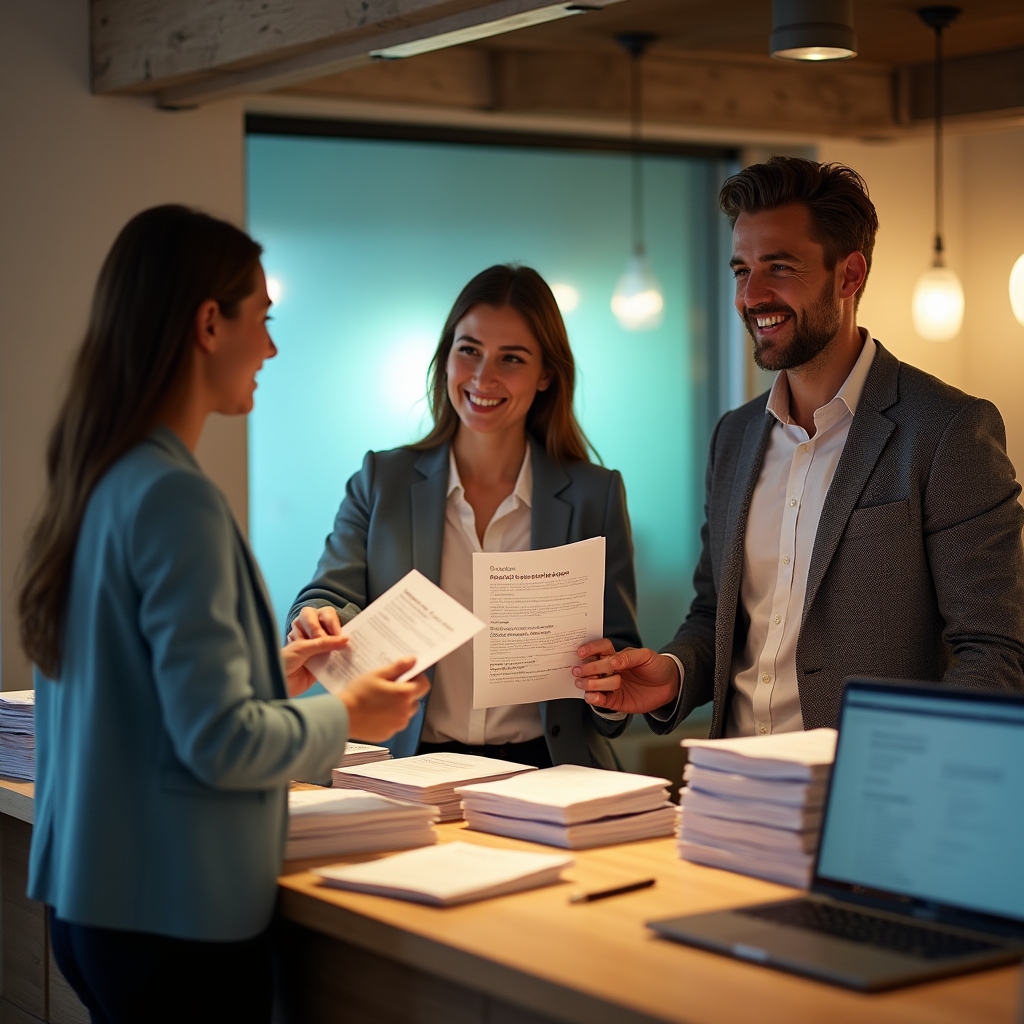 Small group of employees registering at a workshop desk, reviewing printed materials